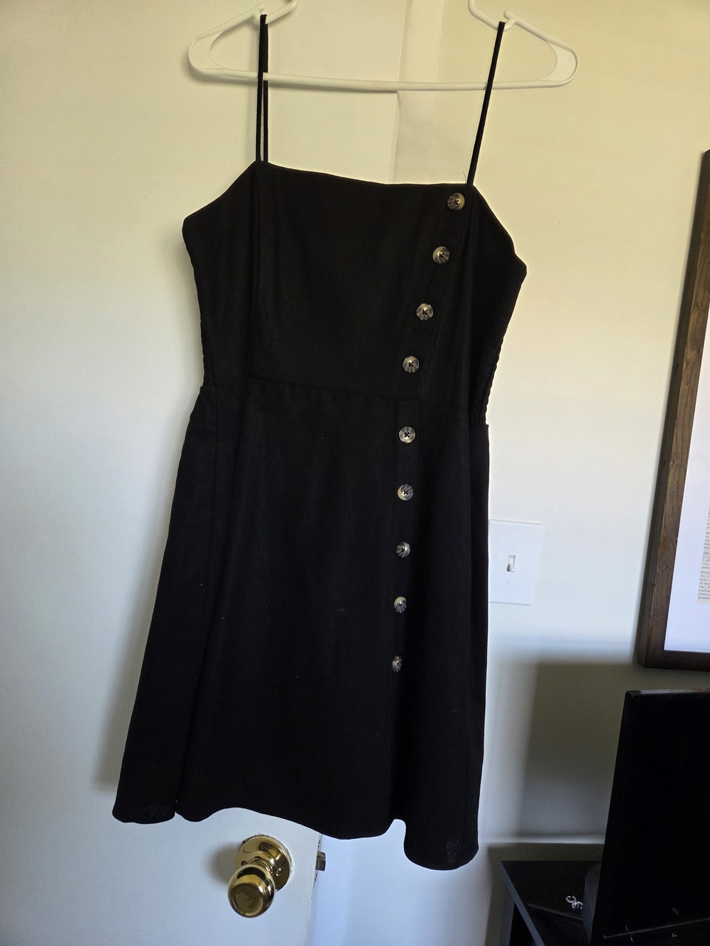 nine britton Black Spaghetti-Strap Mini Dress with Button-Front Detail